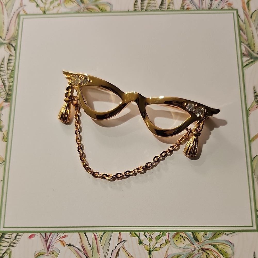 Gold Cat-Eye Glasses Brooch with Chain and Tassel Accents